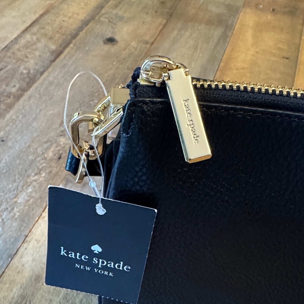 New kate spade Kayla small black Pebbled Leather Double-Zip Crossbody Gold NWT - Picture 3 of 7